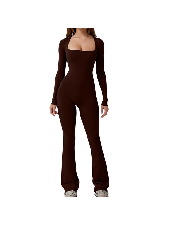 Womens Long Sleeve Jumpsuit Strecth Square Neck One Piece Wide Leg Long Pants Solid Fall Winter Lounge Wear