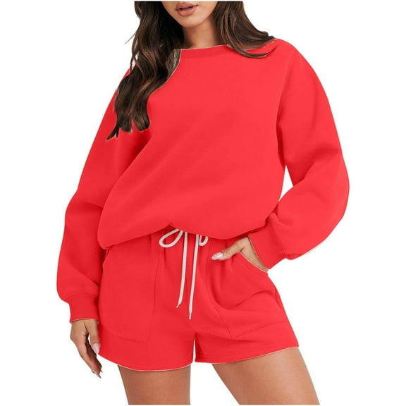 successthop Womens Lounge Set 2 Piece Outfits Long Sleeve Crewneck Sweatshirt and Shorts with Pocket Solid Clothes