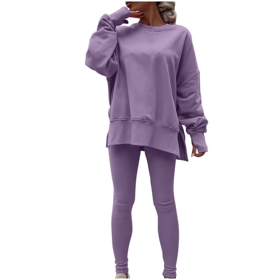 successthop Womens Lounge Set 2 Piece Outfits Ribbed Long Sleeve Side Slit Sweatshirt and Sweatpant Solid Clothes