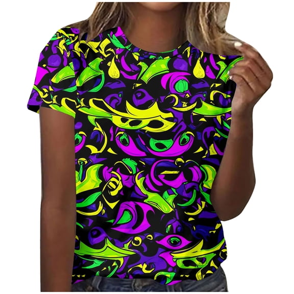 successthop Womens Mardi Gras T Shirts Casual Oversized Plus Size Crewneck Top Short Sleeve Shirts Lightweight Outfits