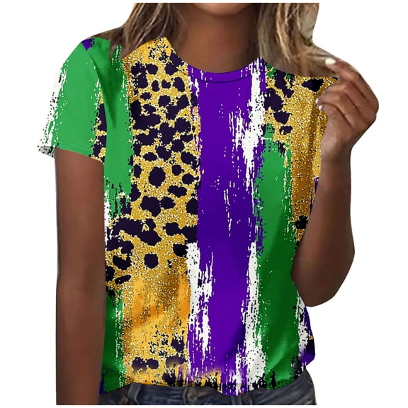 successthop Womens Mardi Gras T Shirts Leopard Print Casual Oversized Crewneck Top Short Sleeve Outfits Plus Size Shirt