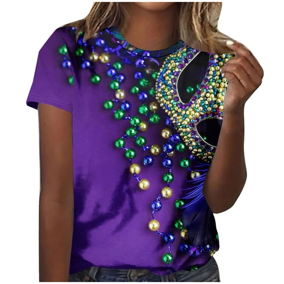 successthop Womens Mardi Gras T Shirts Mask Print Casual Oversized Crewneck Top Short Sleeve Outfits Plus Size Shirt XL