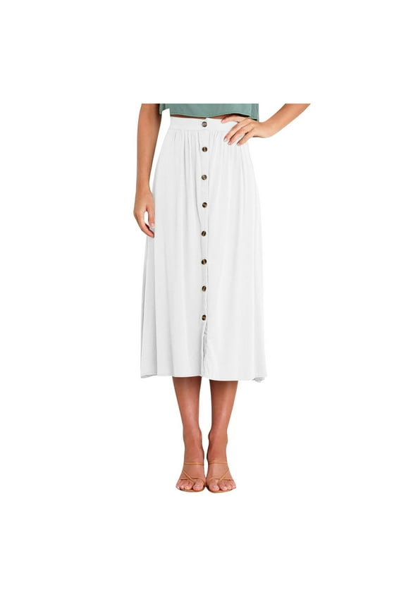 Womens Midi Skirts with Pockets Solid Ruched Elastic Waist Button Front Skirt Ladies Casual Summer Clothes S
