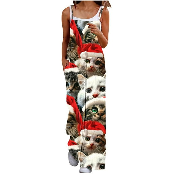 successthop Womens One Pieces Christmas Jumpsuit Plus Size Kitty Print Sleeveless Wide Leg Festival Pants with Pockets