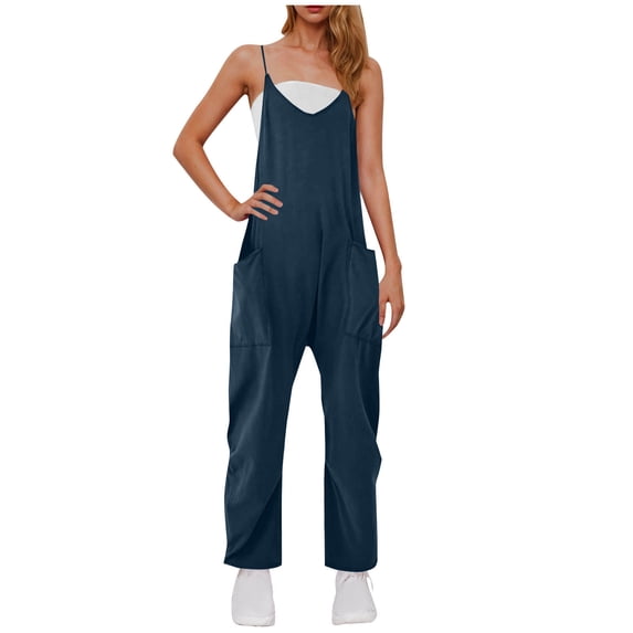 successthop Womens One Pieces Jumpsuit Plus Size V Neck Sleeveless Spaghetti Strap Long Solid Lounge Wear with Pockets M