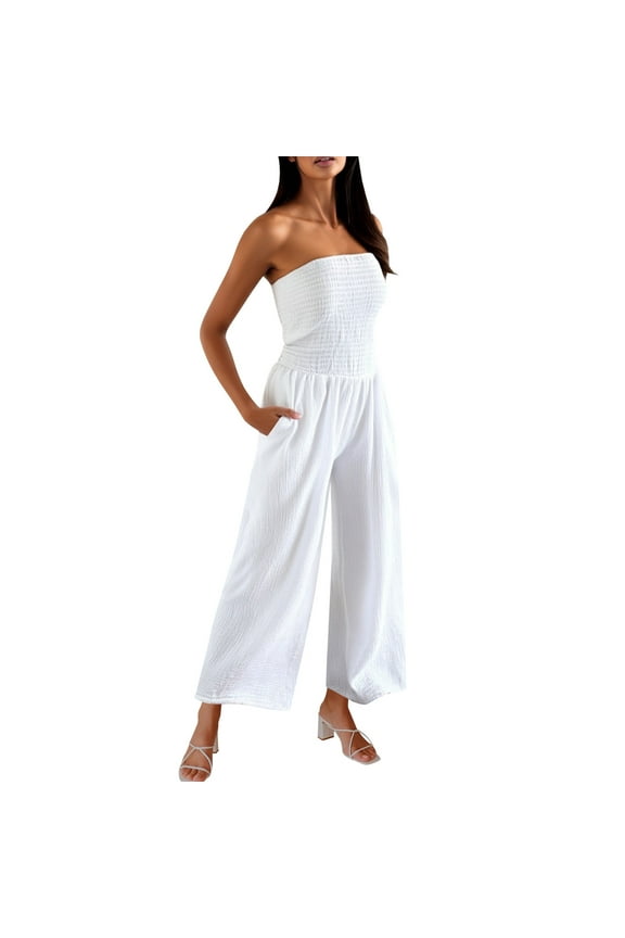 Womens One Pieces Jumpsuits Dressy Off Shoulder Sleeveless Lounge Wear Strapless Solid Pants with Pockets L
