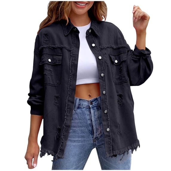 successthop Womens Oversized Denim Jacket Plus Long Sleeve Jacket Button Up Streetwear Ripped Outwear with Breast Pocket