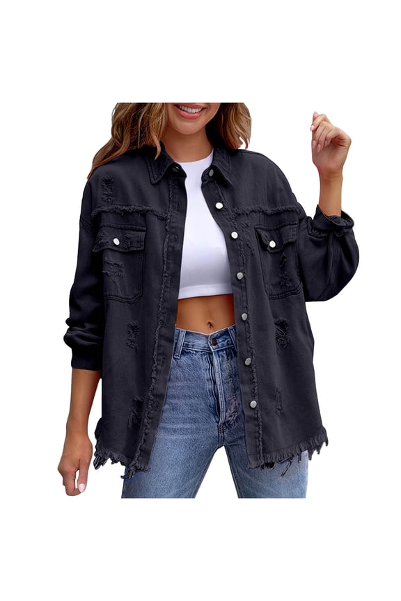Womens Oversized Denim Jacket Plus Long Sleeve Jacket Button Up Streetwear Ripped Outwear with Breast Pocket