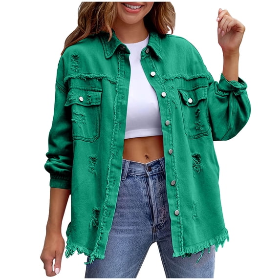 successthop Womens Oversized Denim Jacket Plus Long Sleeve Jacket Button Up Streetwear Ripped Outwear with Breast Pocket