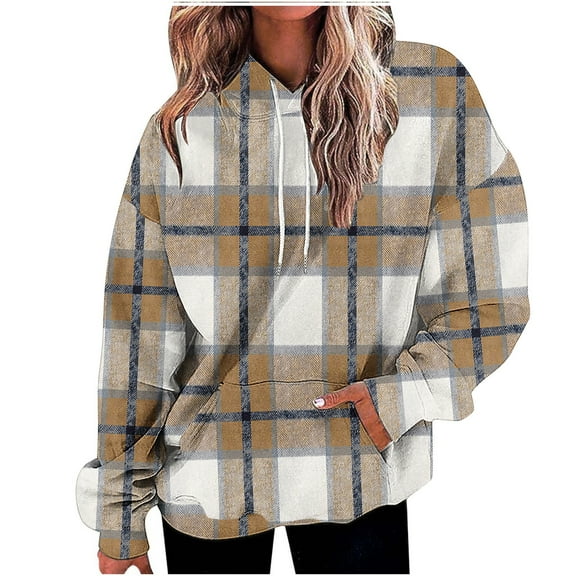 successthop Womens Oversized Hoodie with Pockets Drawstring Long Sleeve Tops Drop Shoulder Streetwear Plaid Sweaters XL
