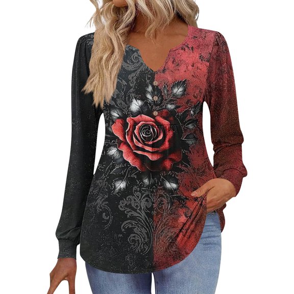 successthop Womens Oversized Shirts Graphic Long Sleeve Blouse Baggy V Neck Button Pullover Top Loose Print Clothes Red