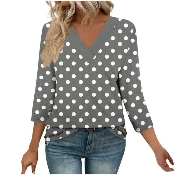 successthop Womens Oversized Shirts V Neck 3/4 Sleeve Tee Baggy Pullover Topss Loose Polka Dots Stylish Clothes Gray L