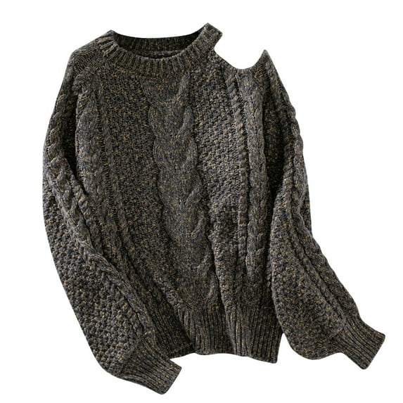 successthop Womens Oversized Sweaters Cable Knit One Shoulder Long Sleeve Tops Chunky Crewneck Ribbed Cuff Solid Outwear