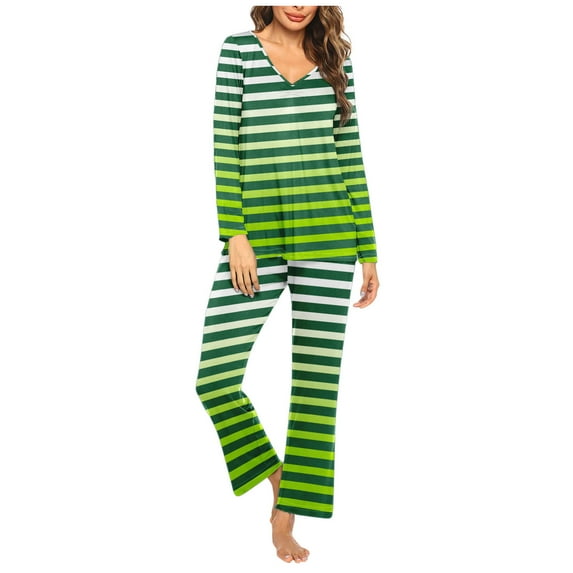 successthop Womens Pajamas Long Sleeve Green Lightweight Plus Size Striped Shirt 2 Piece Long Pants Loungewear 3XL