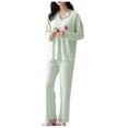 thumbnail image 1 of successthop Womens Pajamas with Built in Bra Oversized Long Sleeve V Neck Sleepwear and Pj Pant Solid Loungewear Green, 1 of 6
