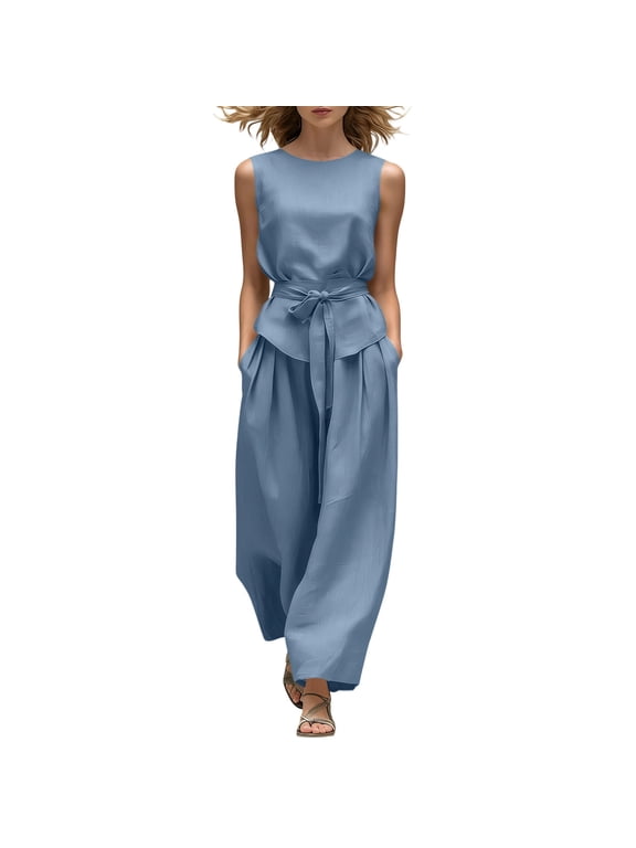 Womens Pant Suits Dressy for Wedding 2 Piece Summer Outfits Wide Leg Pant Business Clothes with Pockets Blue