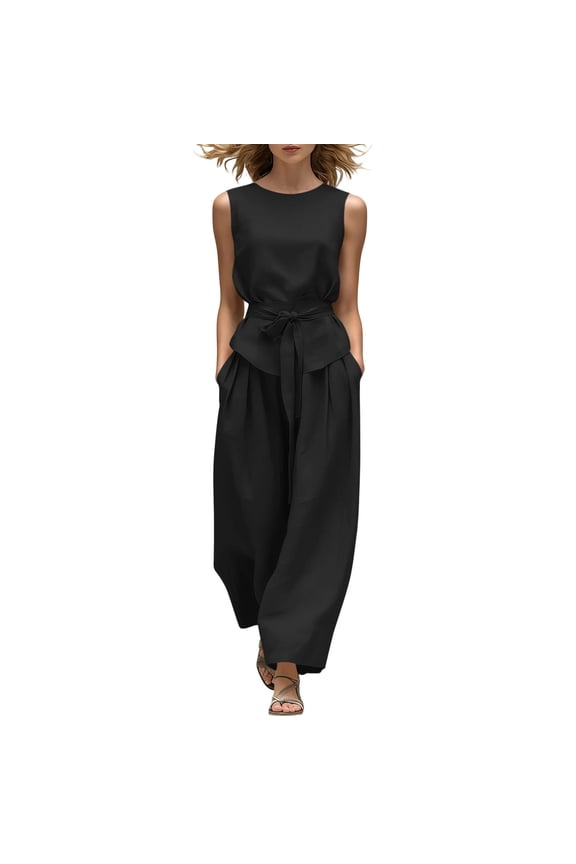 Womens Pant Suits Dressy for Wedding 2 Piece Summer Outfits Wide Leg Pant Business Clothes with Pockets S