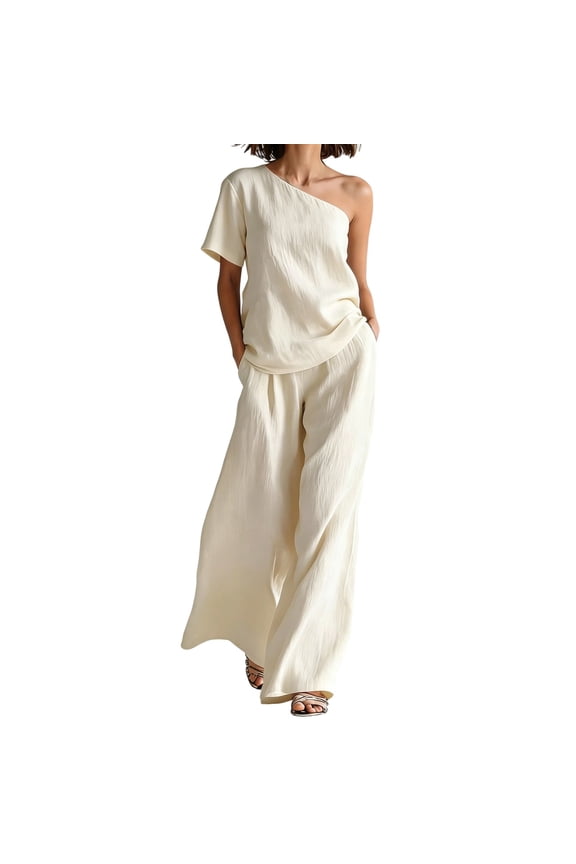 Womens Pant Suits Dressy for Wedding Two Piece One Shoulder Top Flowy Pantsuit Boho Outfits with Pockets L