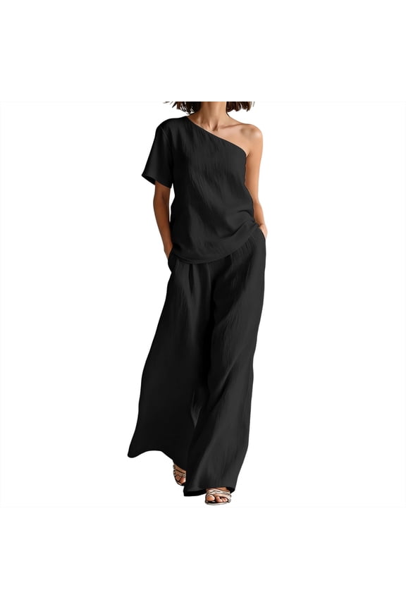 Womens Pant Suits Dressy for Wedding Two Piece One Shoulder Top Flowy Pantsuit Boho Outfits with Pockets XL