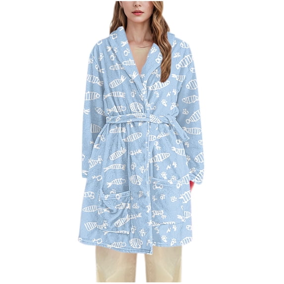 successthop Womens Plus Flannel Robe Fuzzy Pajamas Belted Knee Length Shawl Collar Fish Bathrobe with Pockets Blue 2XL