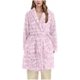 thumbnail image 1 of successthop Womens Plus Flannel Robe Fuzzy Pajamas Belted Knee Length Shawl Collar Fish Bathrobe with Pockets Pink L, 1 of 3