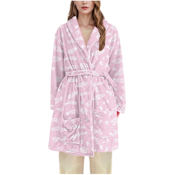 successthop Womens Plus Flannel Robe Fuzzy Pajamas Belted Knee Length Shawl Collar Fish Bathrobe with Pockets Pink XL