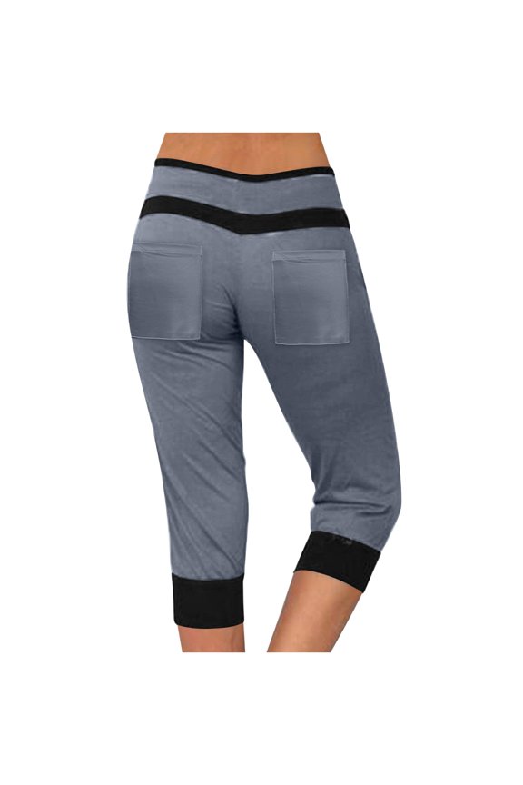 Womens Plus Size Capris Casual Bottoms with Pockets Drawstring High Waist Color Block Summer Pants Gray S