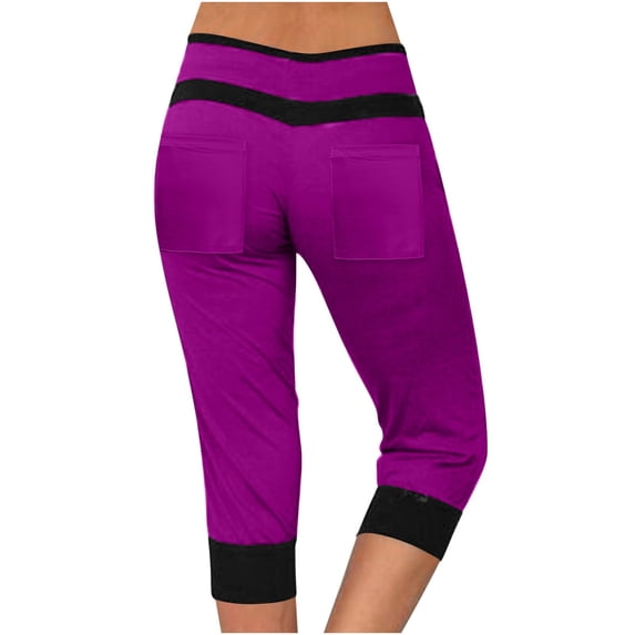 successthop Womens Plus Size Capris Casual Bottoms with Pockets Drawstring High Waist Color Block Summer Pants Pink M