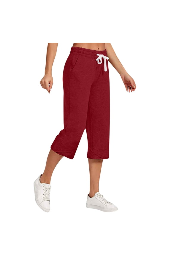 Womens Plus Size Capris Casual Oversized Pants with Pockets Drawstring Solid Lightweight Summer Bottoms Red