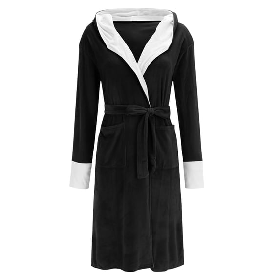 successthop Womens Plus Size Robe for Winter FLeece Fuzzy Pajamas Belted Long Color Block Bathrobe with Pockets Black M