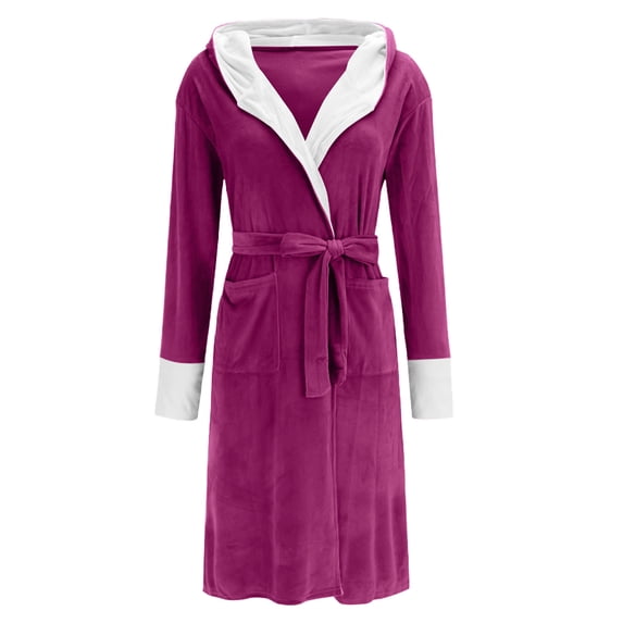successthop Womens Plus Size Robe for Winter FLeece Fuzzy Pajamas Belted Long Color Block Bathrobe with Pockets Pink XL