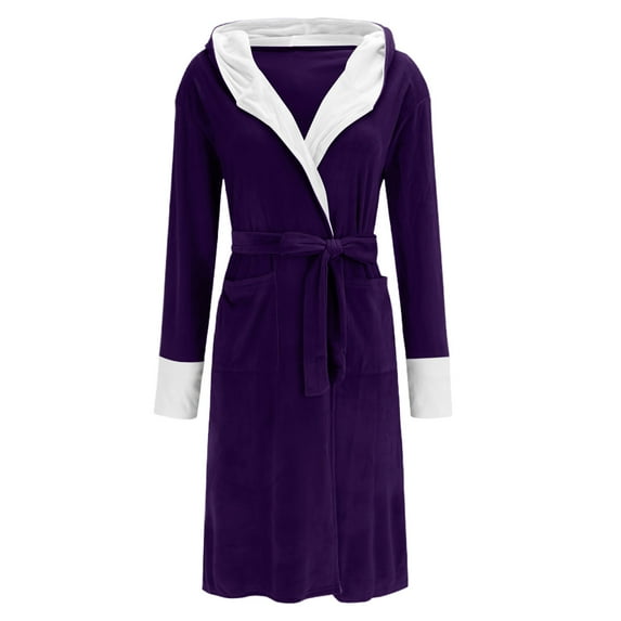 successthop Womens Plus Size Robe for Winter FLeece Fuzzy Pajamas Belted Long Color Block Bathrobe with Pockets Purple