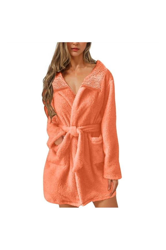 Womens Plus Size Robe for Winter Two Side Fleece Fuzzy Pajamas Belted Collar Bathrobe with Pocket Orange L