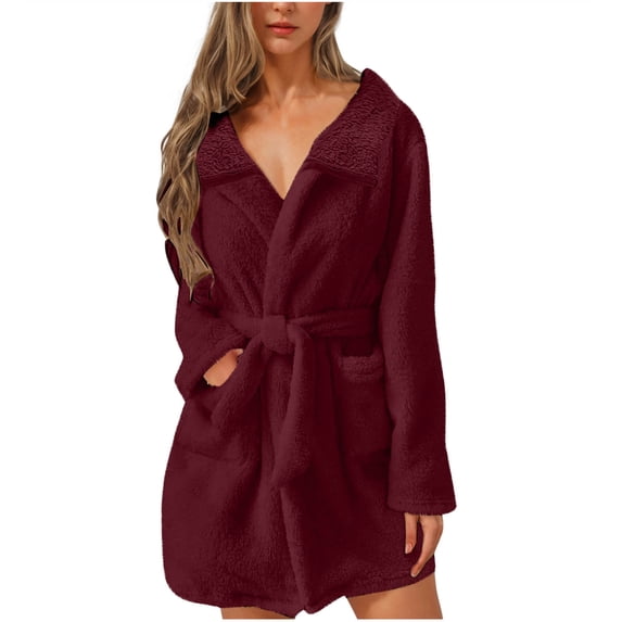 successthop Womens Plus Size Robe for Winter Two Side Fleece Fuzzy Pajamas Belted Collar Bathrobe with Pocket Red M