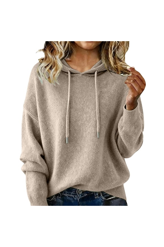 Womens Plus Size Sweaters Slim Drawstring Hood Clothes Ribbed Cuffs Long Sleeve Knitwear Solid Tops Beige