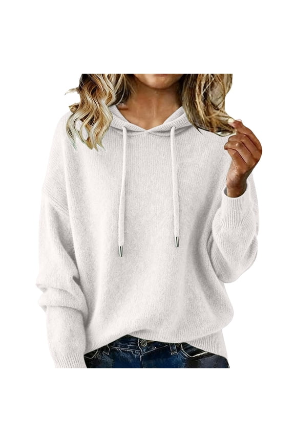 Womens Plus Size Sweaters Slim Drawstring Hood Clothes Ribbed Cuffs Long Sleeve Knitwear Solid Tops White