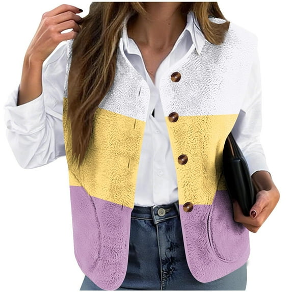 successthop Womens Plus Size Vests Sleeveless Flannel Color Block Oversized Outerwear Button Up Waistcoat Winter Coat