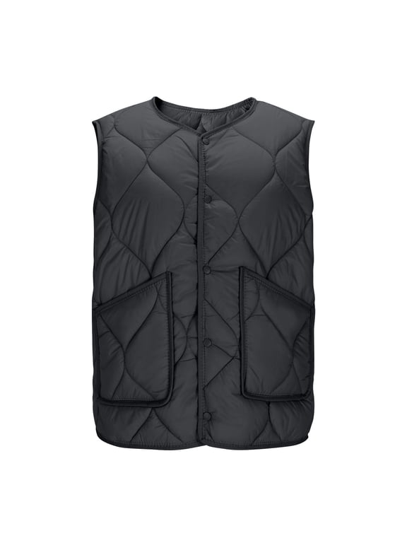 Womens Plus Size Vests for Winter Quilted Plus Size Coat with Pockets Snap Outwear Solid Warm Clothes Black