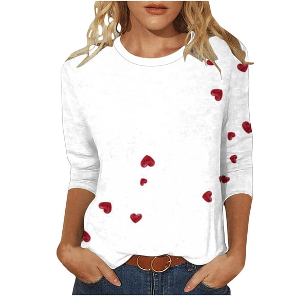 successthop Womens Plus Valentine Tops Red Heart Oversized Crewneck Blouse Stylish 3/4 Sleeve Festival Shirts S