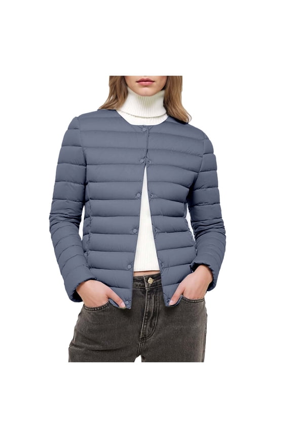 Womens Quilted Down Jacket Lightweight Outwear Snap Cold Weather Long Sleeve Coat Solid Winter Clothes Blue