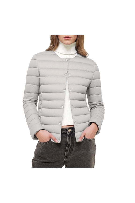 Womens Quilted Down Jacket Lightweight Outwear Snap Cold Weather Long Sleeve Coat Solid Winter Clothes Gray