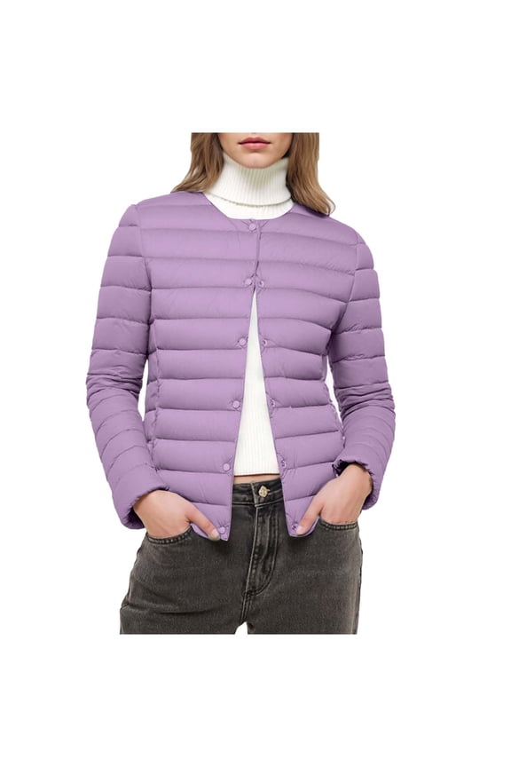 Womens Quilted Down Jacket Lightweight Outwear Snap Cold Weather Long Sleeve Coat Solid Winter Clothes Purple