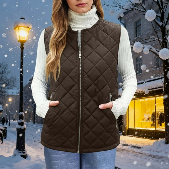 successthop Womens Quilted Vest Solid Plus Size Outerwear Zip Up Sleeveless Waistcoat with Pockets Winter Warm Coat