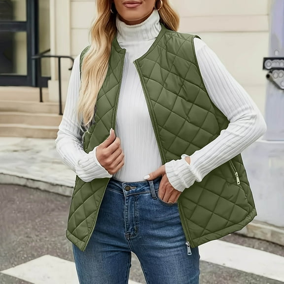 successthop Womens Quilted Vest Solid Plus Size Outerwear Zip Up Sleeveless Waistcoat with Pockets Winter Warm Coat
