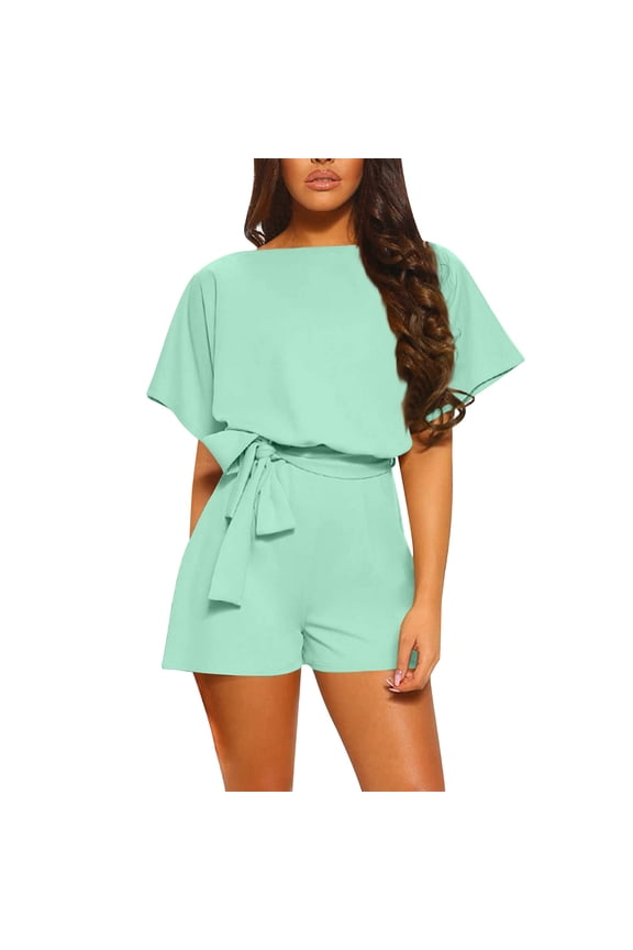Womens Romper Shorts Casual Crewneck Short Sleeve One Piece Tie Waist Pants Solid 2025 Stylish Lounge Wear M