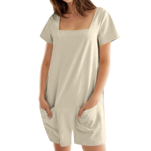 successthop Womens Romper Shorts Loose Square Neck Short Sleeve One Piece Solid Lightweight Lounge Wear with Pockets 2XL