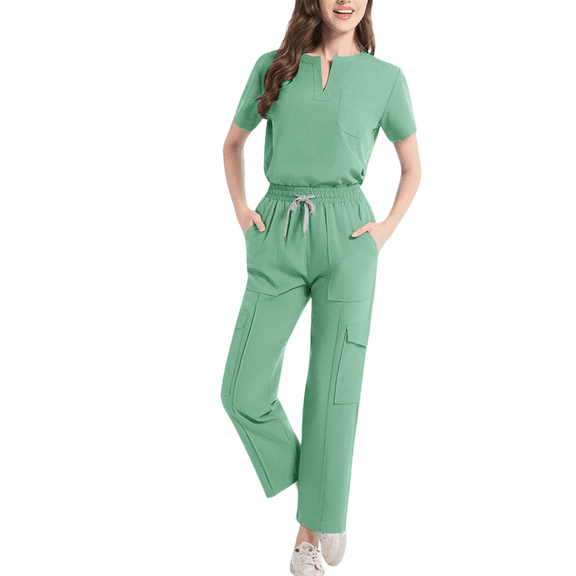 successthop Womens Scrub Sets Casual Short Sleeve V Neck Tops and Drawstring Trousers Solid Two Pieces with Pockets M