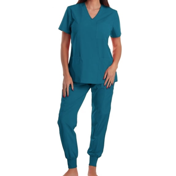 successthop Womens Scrub Sets Workwear Short Sleeve V Neck Top and Pant for Work Solid Casual Outfits with Pockets Blue