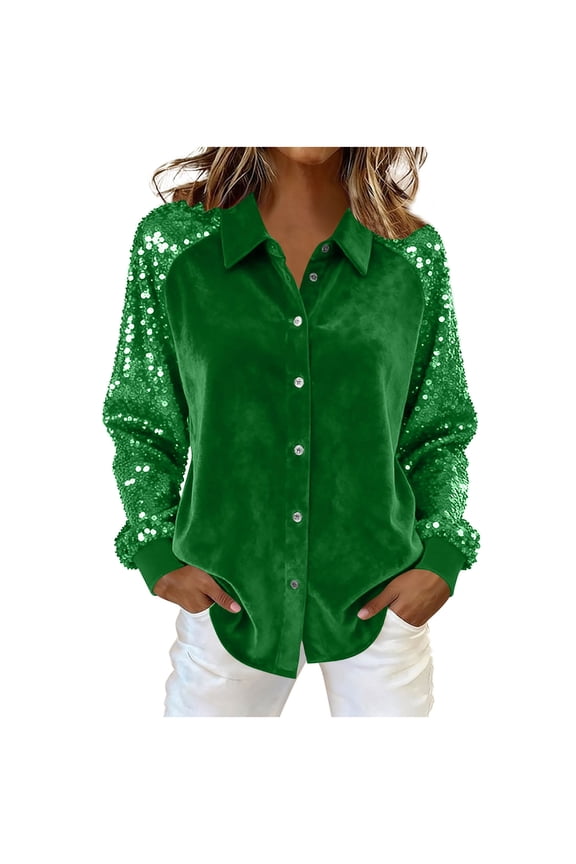 Womens Sequin Tops Sparkle Elegant Velour Lapel Shirt Button Up Long Sleeve Blouse Solid Panel Clothes Green