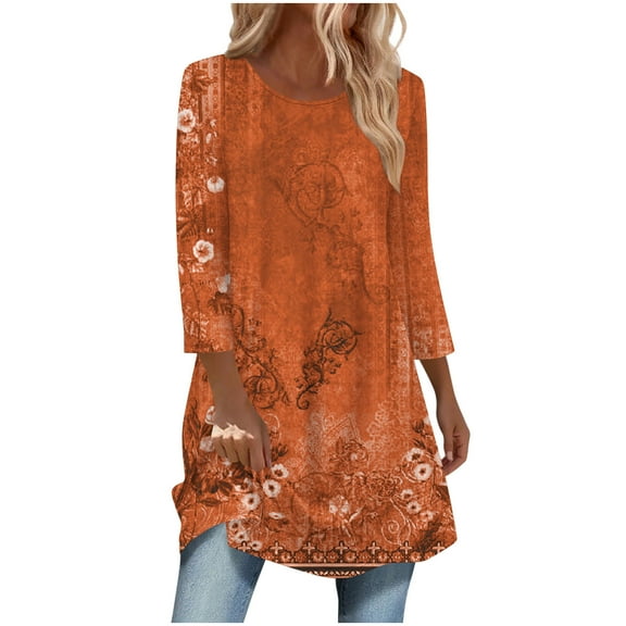 successthop Womens Shirt Curved Hem 3/4 Sleeve Tunic Top Long Crewneck T Shirt Vintage Floral Fall Winter Clothes Orange